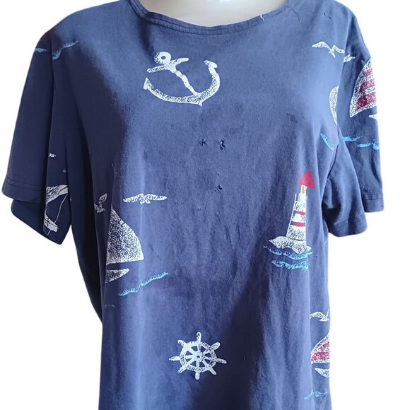 Vintage Large Women's T-shirt 80's Nautical-Themed Blue Lighthouse Anchors AOP - Picture 1 of 7